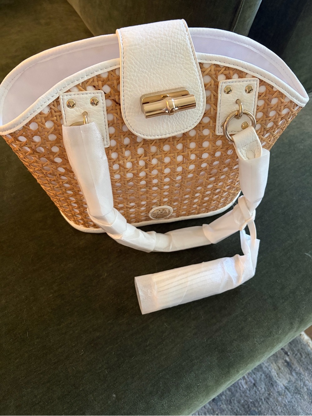 Lilly Pulitzer Adeline Cane Woven Rattan Tote Bag with White Trim NWT - Picture 2 of 6
